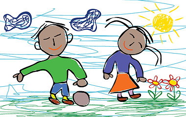 Image showing Kids drawing style of happy African American boy and girl