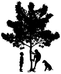 Image showing Two best friends little boys climbing up a tree