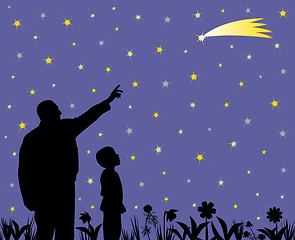 Image showing Father is showing shooting star to his amazed child with wow face