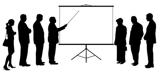 Image showing Man coach with pointer presentation on projection screen to people group