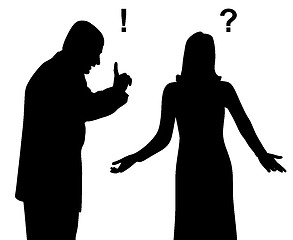 Image showing Annoyed man yelling and blaming puzzled confused woman