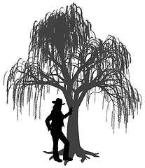 Image showing Young woman with hat leaning against a weeping willow tree