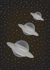 Image showing Three UFO extraterrestrial spaceships flying in row through the space