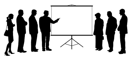 Image showing Man coach showing presentation on projection screen to people group