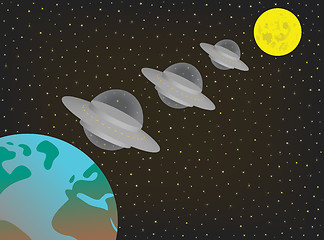 Image showing Three UFO spaceships flying in row between moon and earth