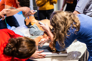 Image showing Medical doctor specialist expert displaying method of patient intubation on hands on medical education training and workshop. Participants learning new medical procedures and techniques.