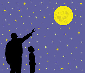 Image showing Father is showing full moon in starry night sky to his amazed kid