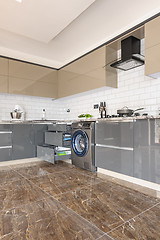 Image showing Luxury modern white, beige and grey kitchen interior