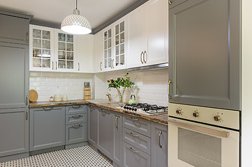 Image showing modern grey and white wooden kitchen interior