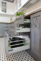 Image showing modern grey and white wooden kitchen interior