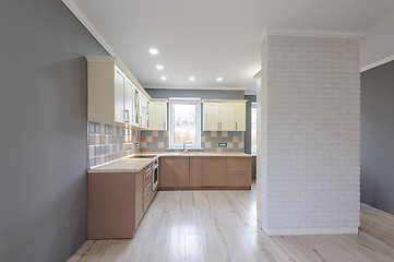 Image showing Luxury modern provence styled grey, pink and cream kitchen interior