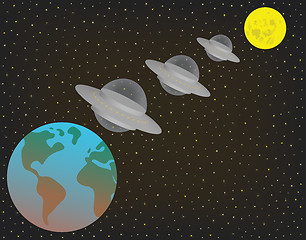 Image showing Three UFO spaceships flying in row above and between earth and moon