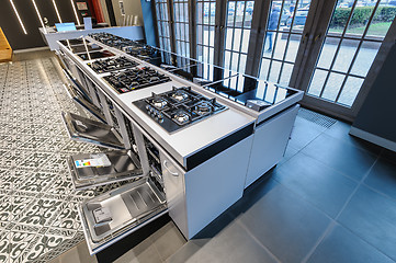 Image showing Brand new gas stoves in apliance store showroom