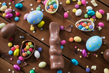 Image showing chocolate eggs, easter bunny and candies on wood