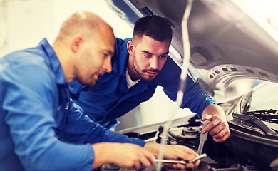 Image showing mechanic men with wrench repairing car at workshop