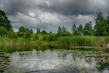 Image showing Reflections in a lake with sky and trees