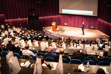 Image showing Speaker giving presentation on business conference event.