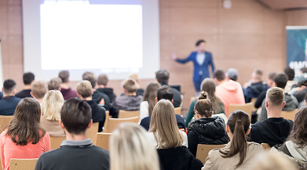 Image showing Business speaker giving a talk at business conference event.