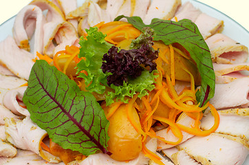 Image showing Sliced meat with baked vegetables, close up.