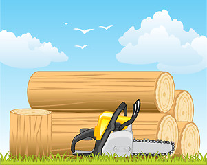 Image showing Year day and tools chainsaw on background of the wooden poles