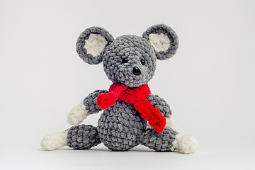 Image showing Handmade knitted mouse on a white background