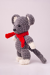 Image showing Funny knitted teddy mouse, Side view, white background
