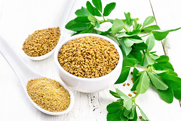 Image showing Fenugreek in bowl and two spoons with leaves on light board