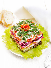 Image showing Salad with beef and vegetables on wooden table