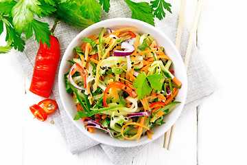 Image showing Salad of cucumber in bowl on light board top