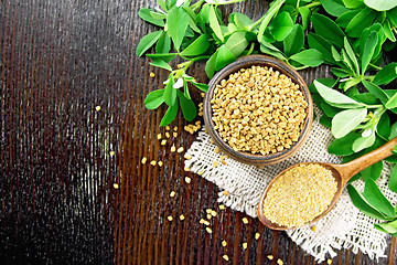 Image showing Fenugreek in spoon and bowl with green leaves on dark board top