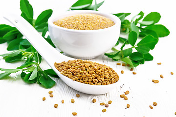 Image showing Fenugreek in spoon and bowl with leaves on light board