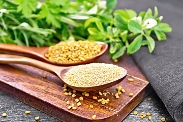 Image showing Fenugreek in two spoons with herbs on board