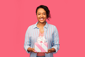 Image showing happy african american woman with birthday present