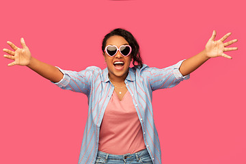 Image showing african american woman in heart-shaped sunglasses