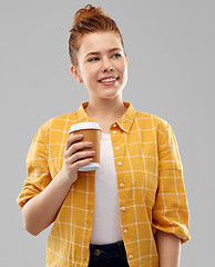 Image showing happy redhead teenage girl with paper coffee cup