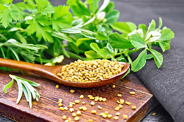 Image showing Fenugreek in spoon with herbs on board