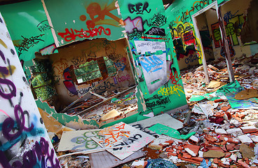 Image showing Abandoned building destroyed with graffiti walls