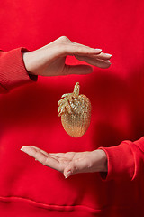 Image showing Golden Christmas decoration in the hands.