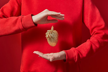 Image showing Hands are hanging golden acorn.