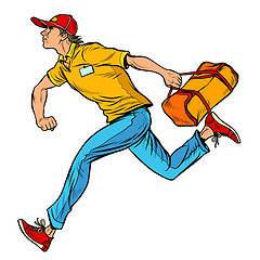 Image showing Young male courier runs with delivery