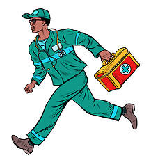 Image showing African ambulance doctor. Male medic with first aid kit