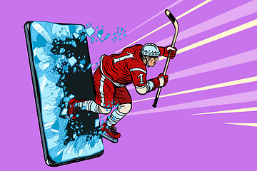 Image showing hockey player Phone gadget smartphone. Online Internet application service program