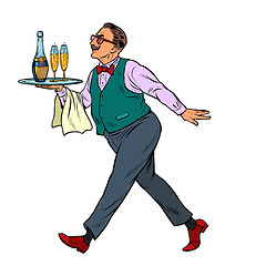 Image showing Waiter with a cap tray with glasses