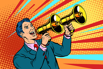 Image showing businessman with a megaphone. announcement advertising