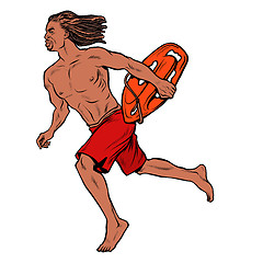 Image showing Water rescuer Hawaiian man runs to the aid of drowning man