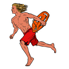 Image showing Water rescuer man runs to the aid of drowning man