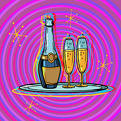 Image showing A bottle of champagne with glasses on a tray. Celebration