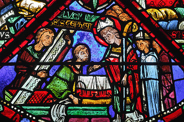 Image showing Bourges cathedral stained glass, Lucianus finds the tomb of St S