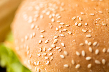 Image showing close up of hamburger bun crust with sesame seeds