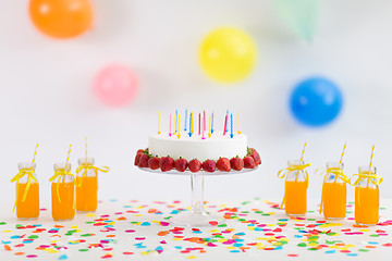 Image showing birthday cake, juice, popcorn and marshmallow